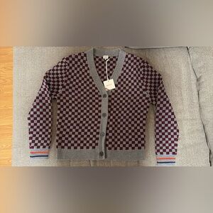 KULE Burgundy and Gray Checkered Cardigan